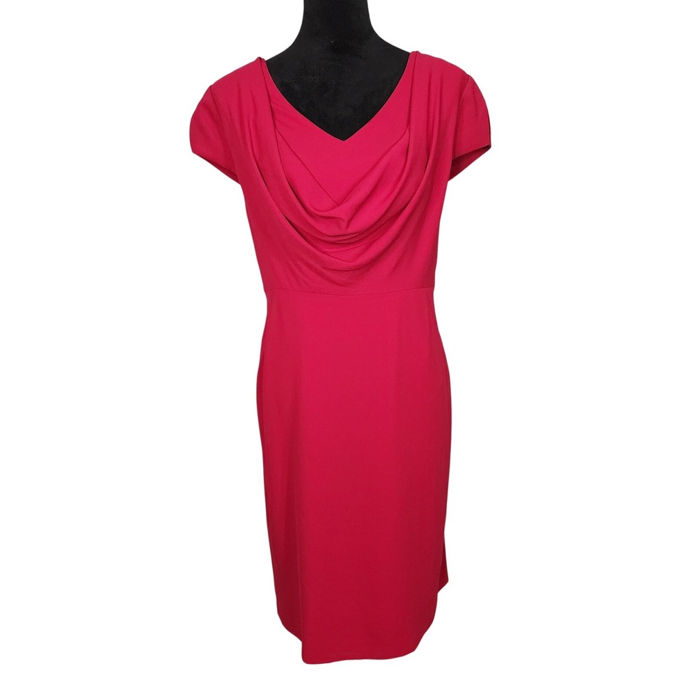 ANNE KLEIN Size‎ 10 Raspberry Red Drape V-Neck Stretch Crepe Sheath Office Dress